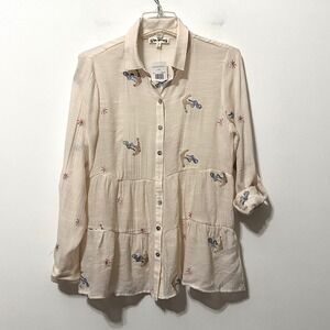 Hope Springs Blouse Shirt M Nautical Anchors Tiered Roll‎ Tab Sleeve Thin NEW